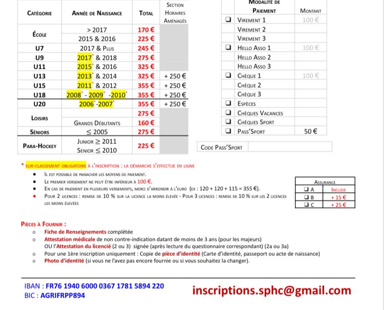 Stade Poitevin Hockey Club - TARIFS 2025 26